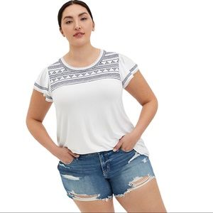 Torrid White Flutter Sleeve Top with Navy Embroidery Super Soft Size 1